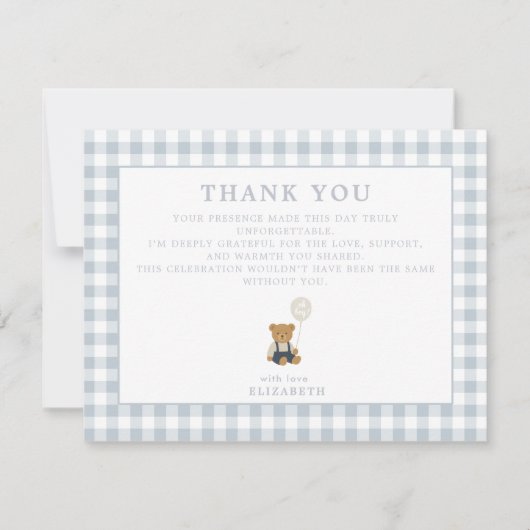ブルーギンガムテディベアサンキューカード 招待状 (正面)