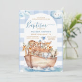 ブルーギンガムノアの箱舟かわいい動物のバプテスマ 招待状 (スタンド正面)