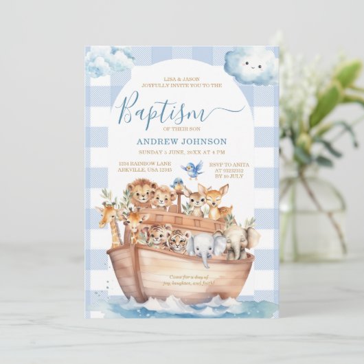 ブルーギンガムノアの箱舟かわいい動物のバプテスマ 招待状 (スタンド正面)