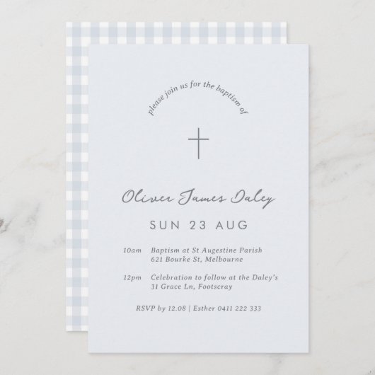 ブルーギンガムバプテスマ《キリスト教》洗礼式や命名式クロス招待状 招待状 (正面/裏面)