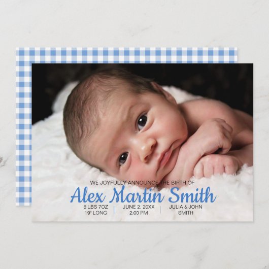 ブルーギンガムピギーベビー誕生発表写真 案内状 (正面/裏面)