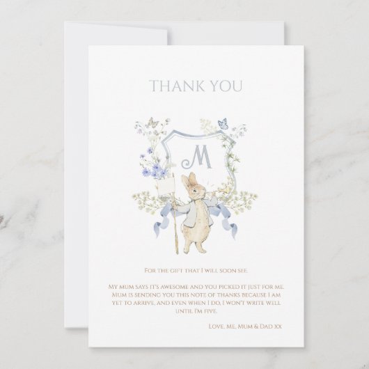 ブルーギンガムピーターうさぎ赤ちゃんシャワーミュートBL サンキューカード (正面)