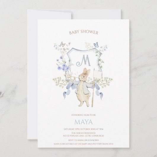 ブルーギンガムピーターうさぎ赤ちゃんシャワーミュートBL 招待状 (正面)