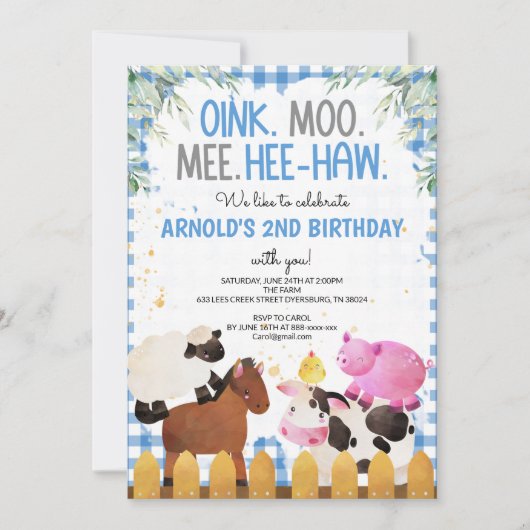 ブルーギンガムファームアニマルズボーイ誕生日納屋周囲の庭 招待状 (正面)