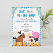 ブルーギンガムファームアニマルズボーイ誕生日納屋周囲の庭 招待状 (スタンド正面)