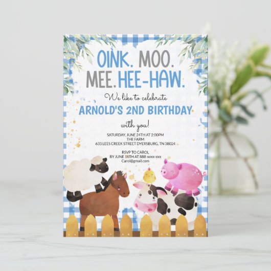 ブルーギンガムファームアニマルズボーイ誕生日納屋周囲の庭 招待状 (スタンド正面)