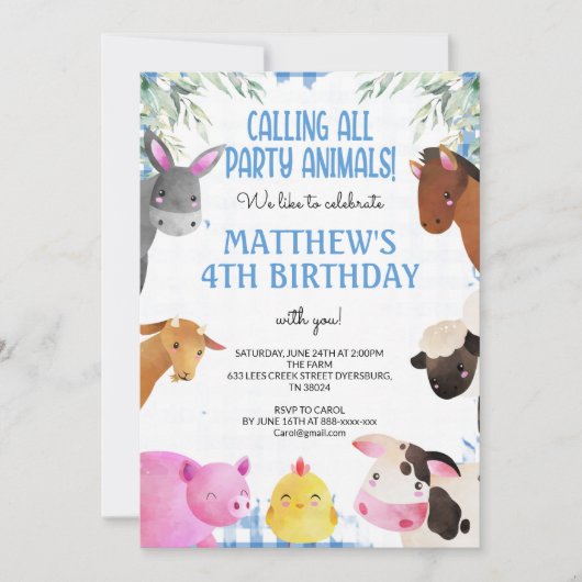 ブルーギンガムファームアニマルズボーイ誕生日納屋周囲の庭 招待状 (正面)