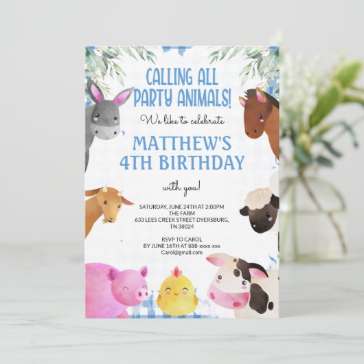 ブルーギンガムファームアニマルズボーイ誕生日納屋周囲の庭 招待状 (スタンド正面)