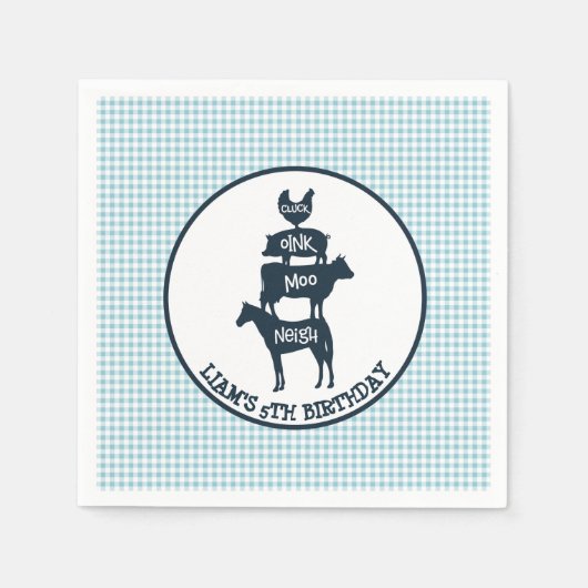 ブルーギンガムファームテーマ動物誕生日 スタンダードカクテルナプキン (正面)