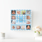 ブルーギンガムファームハウス12枚写真男子ベビールーム スクエア壁時計 (ホーム)