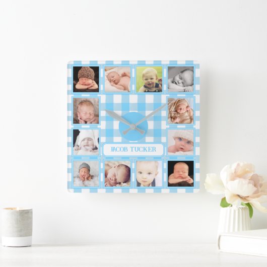 ブルーギンガムファームハウス12枚写真男子ベビールーム スクエア壁時計 (ホーム)