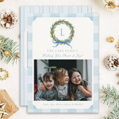 ブルーギンガムフォトクリスマスカードモノグラムリース シーズンカード