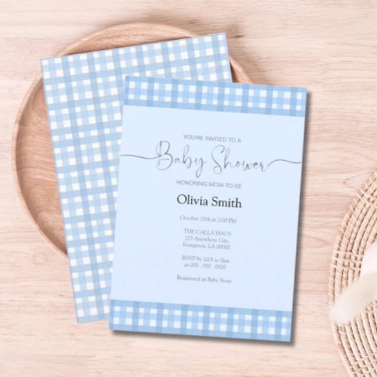 ブルーギンガムプレイドベビーシャワー 招待状