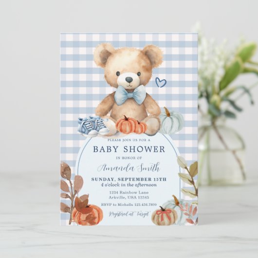 ブルーギンガムベアーパンプキンシューズベビーシャワー 招待状 (スタンド正面)