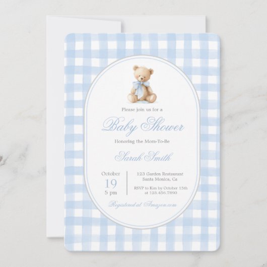 ブルーギンガムベアーベイビーシャワーボーイ 招待状 (正面)