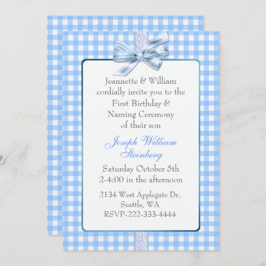 ブルーギンガムベビーの誕生日と命名式 招待状 (正面/裏面)