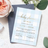 ブルーギンガムベビーシャワーバイメールフォイル招待状 箔招待状