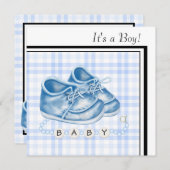 ブルーギンガムベビーシューズブラックブルー男の赤ちゃんシャワー 招待状 (正面/裏面)
