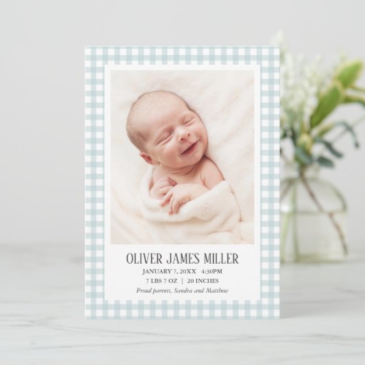 ブルーギンガムベビー誕生発表写真カード 案内状 (スタンド正面)