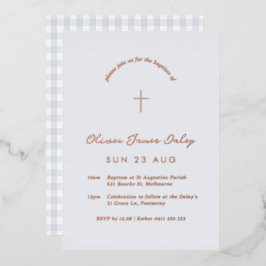 ブルーギンガムホイルバプテスマ《キリスト教》洗礼式や命名式招待状 箔招待状