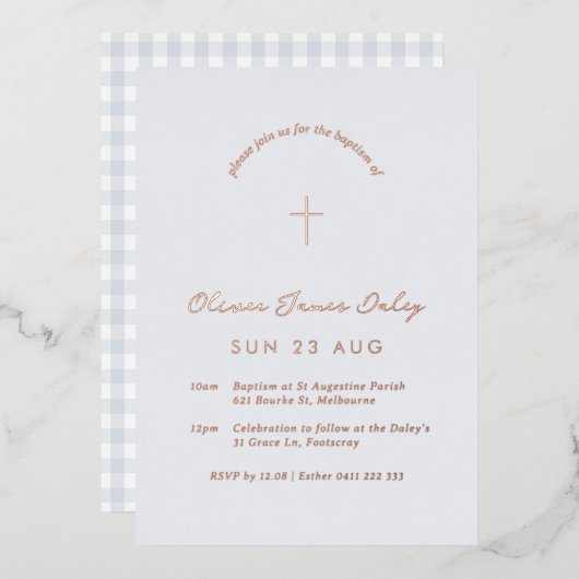 ブルーギンガムホイルバプテスマ《キリスト教》洗礼式や命名式招待状 箔招待状 (正面/裏面)