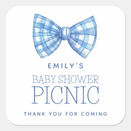 ブルーギンガムボウタイ名ベビーシャワーありがとう スクエアシール (正面)