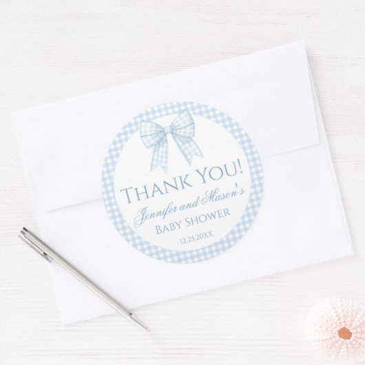 ブルーギンガムボウ男の赤ちゃんシャワ感謝していーユーのシール ラウンドシール (封筒)