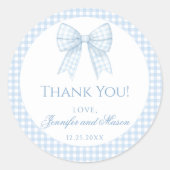 ブルーギンガムボウ男の赤ちゃんシャワ感謝していー ラウンドシール (正面)