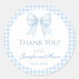 ブルーギンガムボウ男の赤ちゃん感謝していお前のラウンドスティッカー ラウンドシール