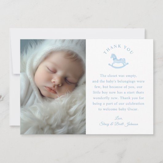 ブルーギンガムボーイ赤ちゃんシャワー写真サンキューカード サンキューカード (正面)