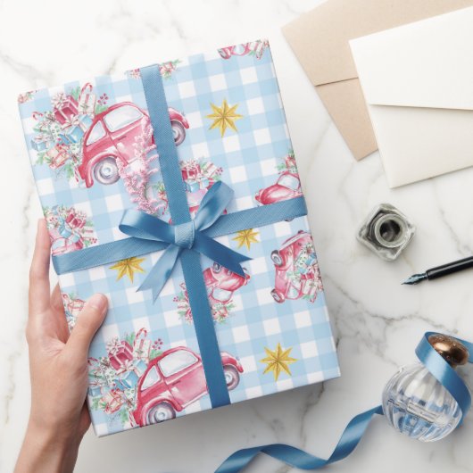ブルーギンガムレッドクリスマスヴィンテージカー ラッピングペーパー (ギフト)