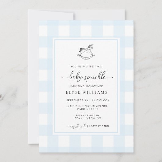 ブルーギンガムロッキングホースベビー散水 招待状 (正面)