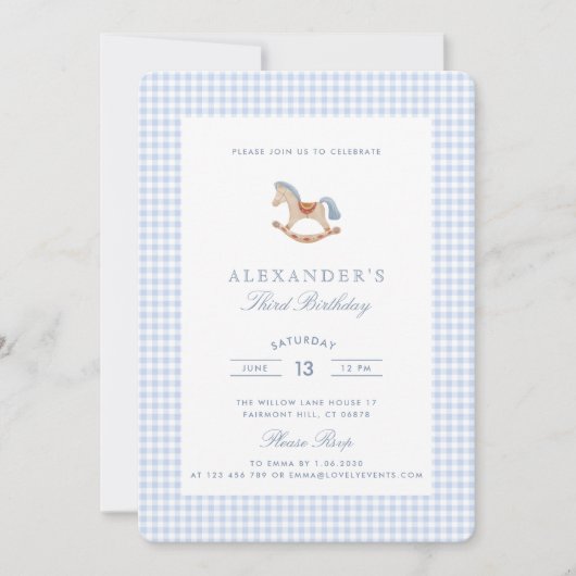 ブルーギンガムロッキングホースボーイズ誕生日 招待状 (正面)