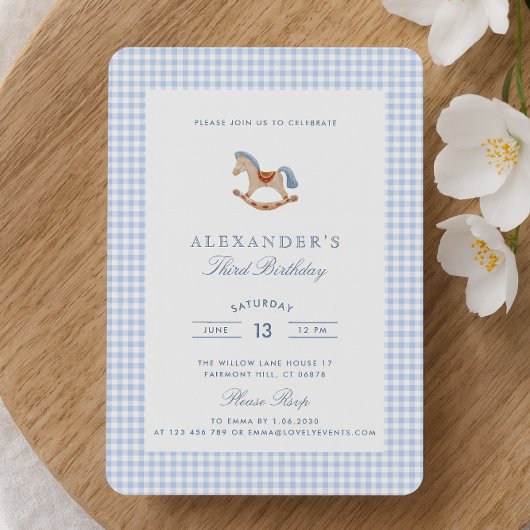 ブルーギンガムロッキングホースボーイズ誕生日 招待状