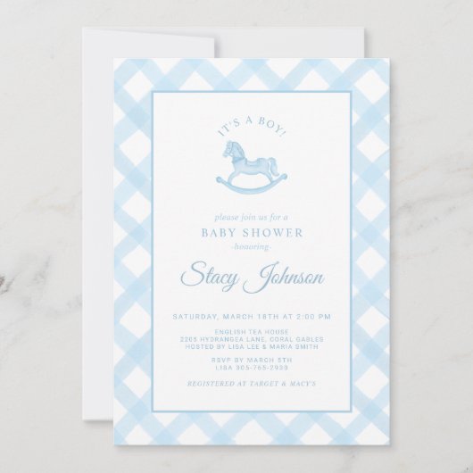ブルーギンガムロッキングホースボーイベビーシャワー招待状 招待状 (正面)