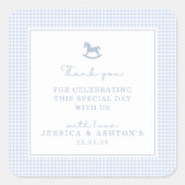 ブルーギンガムロッキングホース赤ちゃんシャワーありがとう スクエアシール (正面)