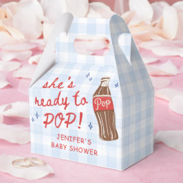 ブルーギンガム柄の She's Ready to Pop ベビーシャワー フェイバーボックス