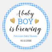 ブルーギンガム男の赤ちゃんが赤ちゃんシャワーを醸造している ラウンドシール (正面)