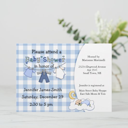 ブルーギンガム男の赤ちゃんシャワー招待状 招待状 (スタンド正面)