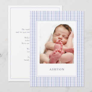 ブルーギンガム男の赤ちゃん生誕発表カード 案内状
