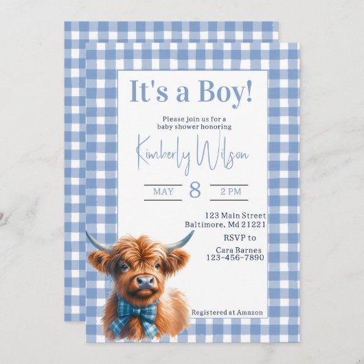 ブルーギンガム高地の牛の赤ちゃんシャワーの招待状 招待状 (正面/裏面)