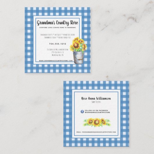 ブルーギンガム&サンフラワーズカントリー素朴ビジネス スクエア名刺 (正面/裏面)