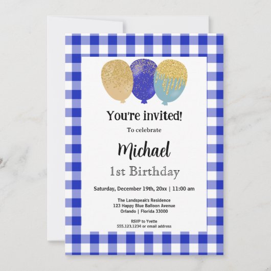 ブルーギンガム、パーティーバルーン1st誕生日 招待状 (正面)