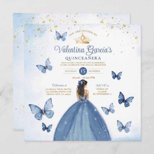 ブルークインセアニラ15アノスバタフライ金ゴールドグリッター 招待状 (正面/裏面)