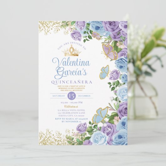 ブルークインセアニラ15アノスパープルフラワーズ金ゴールドクラウン 招待状 (スタンド正面)