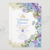 ブルークインセアニラ15アノスパープルフラワーズ金ゴールドクラウン 招待状 (正面/裏面)