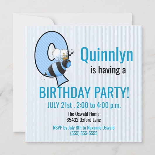 ブルークイーンビーレターQ子供の誕生日パーティー 招待状 (裏面)