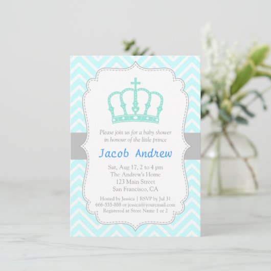 ブルークエレガントラウンプリンスベビーシャワー招待状 招待状 (スタンド正面)