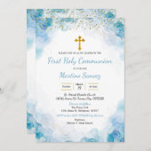 ブルークエレガントロスファーストコミュニオン招待状 招待状 (正面/裏面)