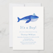 ブルークジラの赤ちゃんシャワーの下の男の子 招待状 (正面)